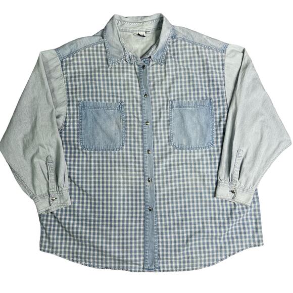 Vintage Button Front Blue Gingham Plaid Pin Stripe Long Sleeve Shirt Gitano 3X - Picture 1 of 7